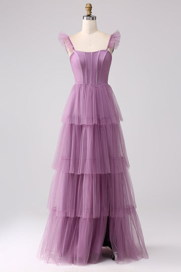 Purple A Line Tulle Tiered Pleated Long Formal Dress with Slit
